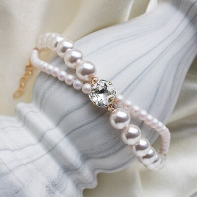 Pulsera doble perla con cristal cuadrado - oro - Blanco