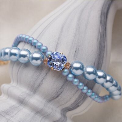 Double pearl bracelet with crystal square - Silver - Light Blue