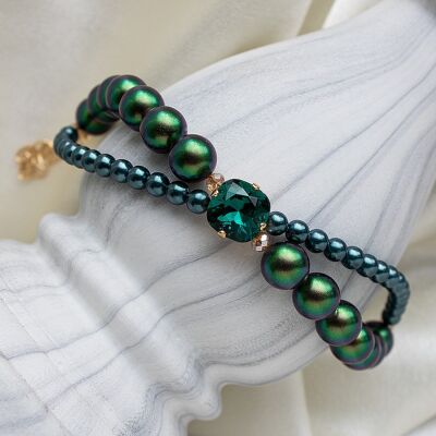 Pulsera de perlas dobles con cristal cuadrado - Plata - Verde Scarabeus