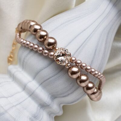 Double pearl bracelet with crystal square - silver - Rose Gold