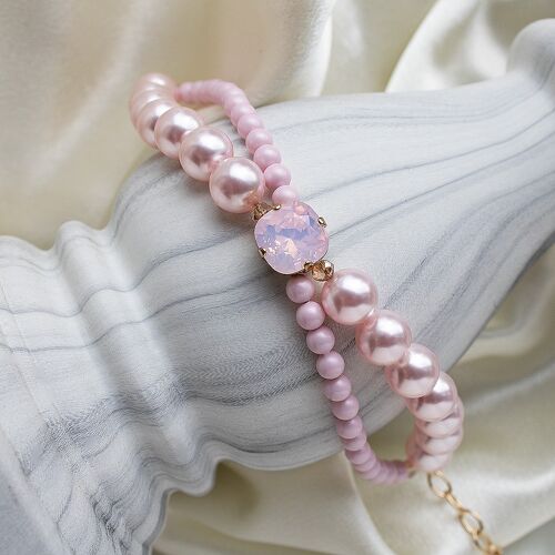 Double pearl bracelet with crystal square - silver - rosaline