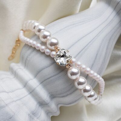 Pulsera de perlas dobles con cristal cuadrado - plata - blanco