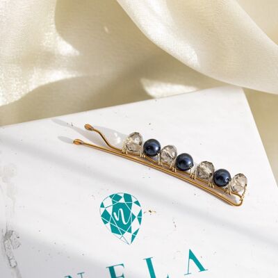 Small Hair Buckle With Pearls - Night Blue