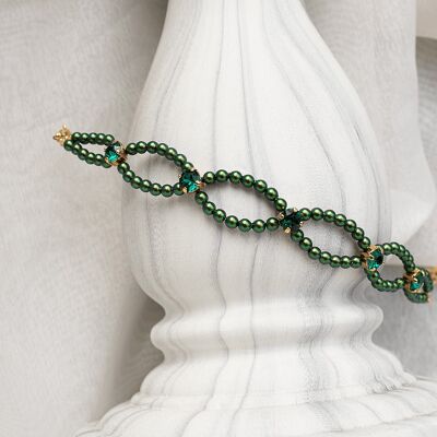 Armband aus feinen Perlen und Kristallen - Silber - Skarabäus / Smaragd