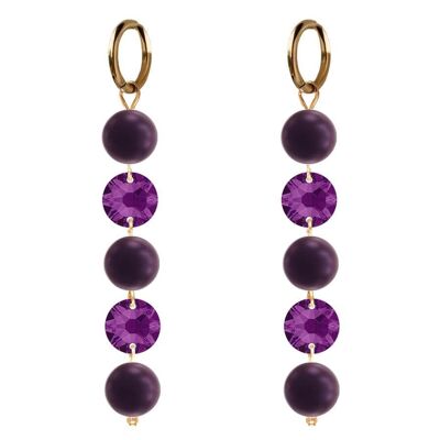 Long crystals and pearl earrings - gold - amethyst / elderberry