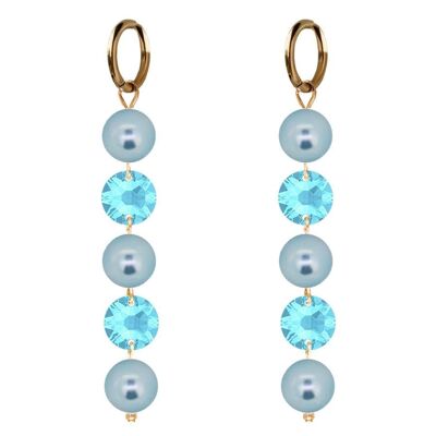 Boucles d'oreilles longues cristaux et perles - or - Aqua / Bleu clair