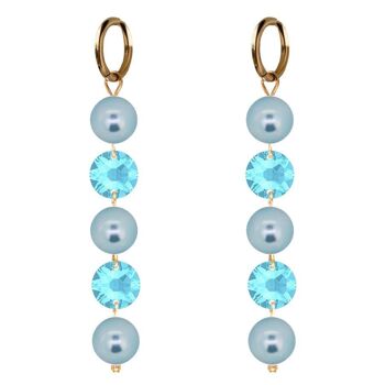 Boucles d'oreilles longues cristaux et perles - or - Aqua / Bleu clair 1