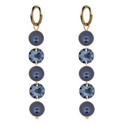 Long crystals and pearl earrings - gold - Denim / Night Blue