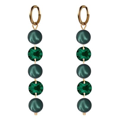 Long crystals and pearl earrings - gold - emerald / tahitian