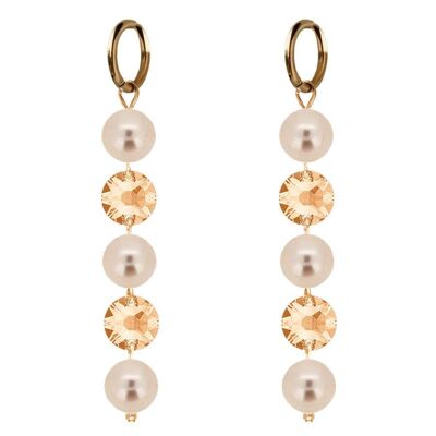 Long crystal and pearl earrings - gold - Light Peach / Peach