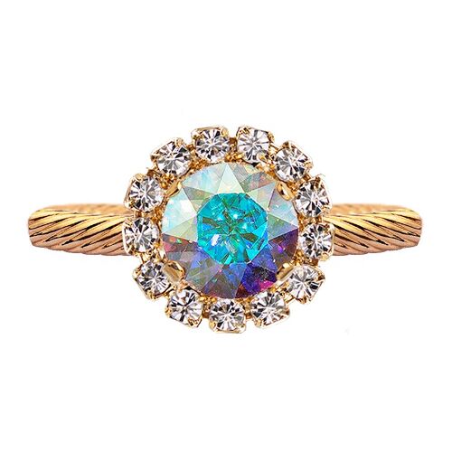 Luxurious one crystal ring, round 8mm - gold - aurore borale
