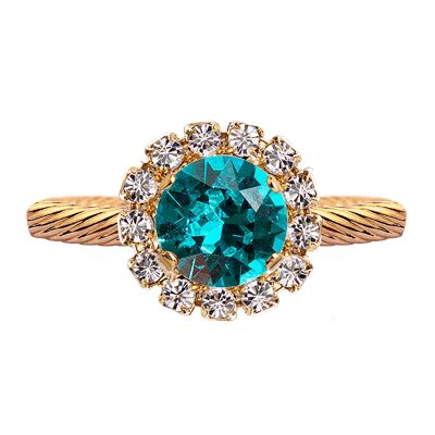 Luxurious one crystal ring, round 8mm - gold - Blue Zircon