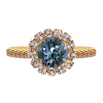 Bague luxueuse un cristal, ronde 8mm - or - bleu denim 1