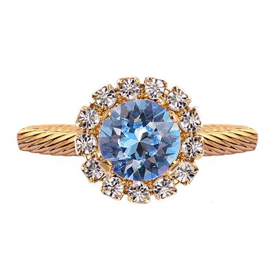 Luxurious one crystal ring, round 8mm - gold - light saphire