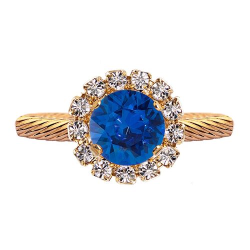 Luxurious one crystal ring, round 8mm - gold - saphire