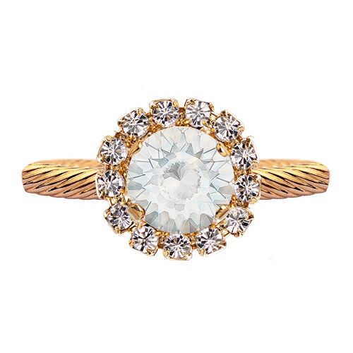 Luxurious one crystal ring, round 8mm - gold - White Opal
