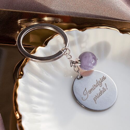 Key Spring with personalized engraved medallion and natural stone - gold - amethyst - for protection