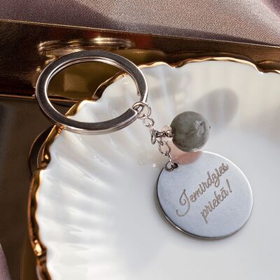 Key Spring with personalized engraved medallion and natural stone - gold - Labradorite - for prosperity