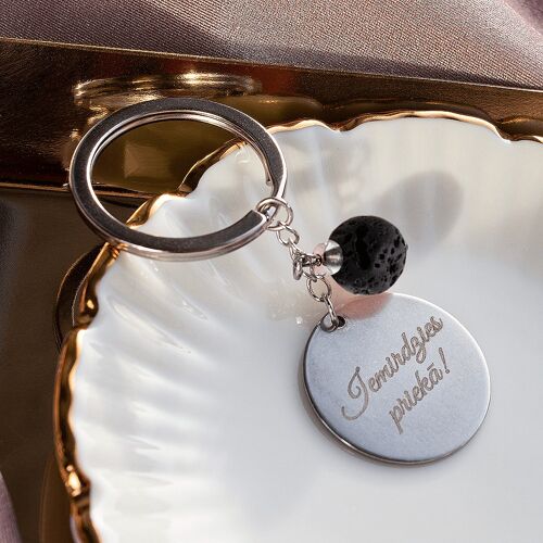 Key Spring with personalized engraved medallion and natural stone - gold - lava - for peace
