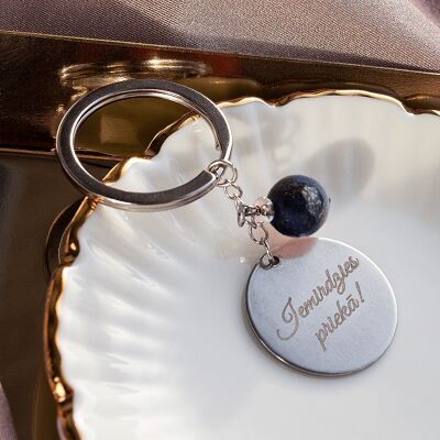 Key Spring with Personalized engraved medallion and natural stone - gold - lazurite - for self -confidence