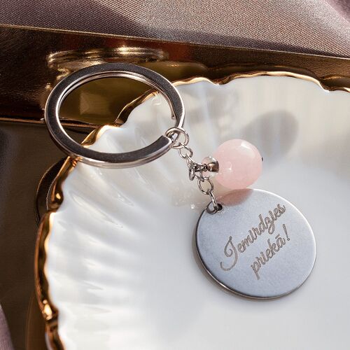 Key Spring with personalized engraved medallion and natural stone - gold - rose quartz - for love and tenderness