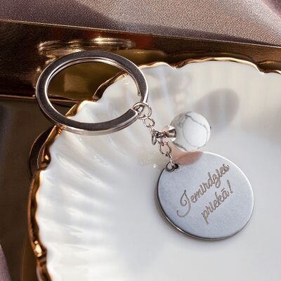 Key Spring with personalized engraved medallion and natural stone - silver - magnesite - for health