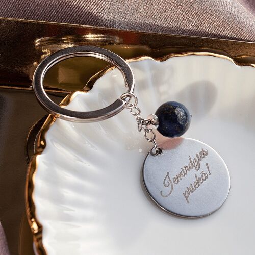Key Spring with personalized engraved medallion and natural stone - silver - lazurite - for self -confidence