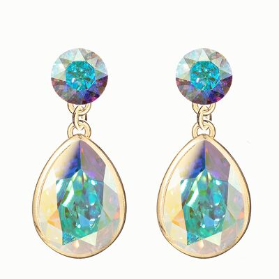 Double silver drops earrings, 14mm crystal - gold - aurore borale