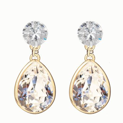 Double silver drops earrings, 14mm crystal - gold - crystal