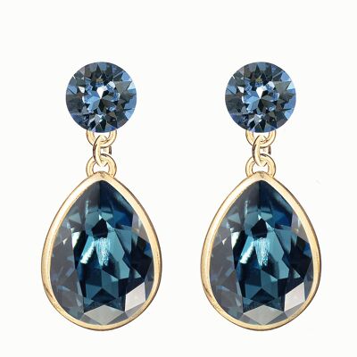 Pendientes dobles gotas de plata, cristal 14mm - oro - Azul Denim