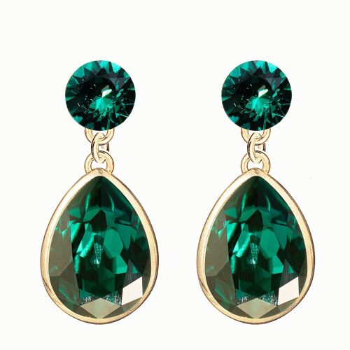 Double silver drops earrings, 14mm crystal - gold - emerald