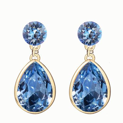 Double silver drops earrings, 14mm crystal - gold - light saphire