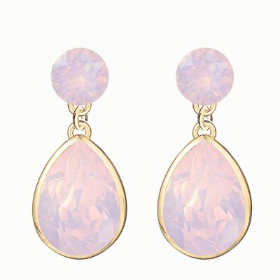 Pendientes dobles gotas de plata, cristal de 14 mm - oro - Ópalo de agua de rosa