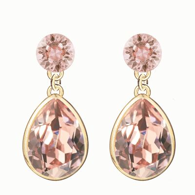 Pendientes dobles gotas de plata, cristal de 14 mm - oro - rosa vintage