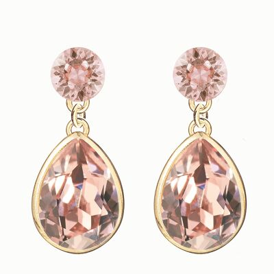 Double silver drops earrings, 14mm crystal - gold - vintage rose