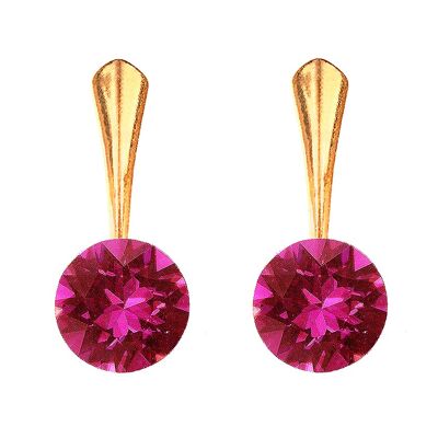 Round silver earrings, 8mm crystal - gold - fuchsia