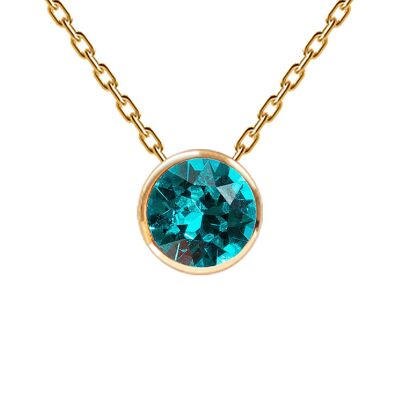Necklace, 8mm crystal round frame - gold - Blue Zircon