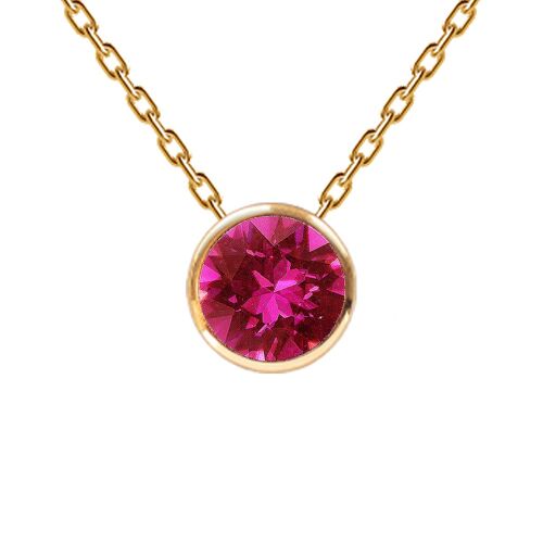 Necklace, 8mm crystal round frame - gold - fuchsia