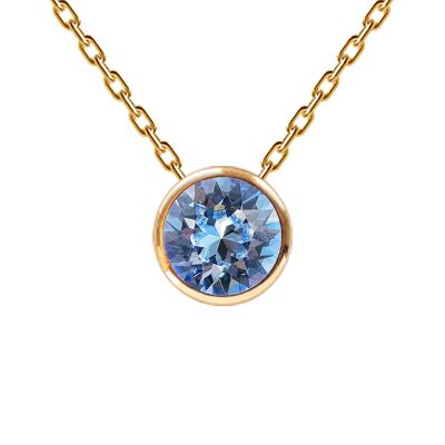 Necklace, 8mm crystal round frame - gold - Light saphire
