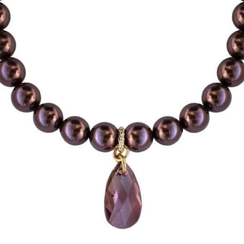 Classic necklace with crystal drops, 10mm pearls - gold - Burgundy