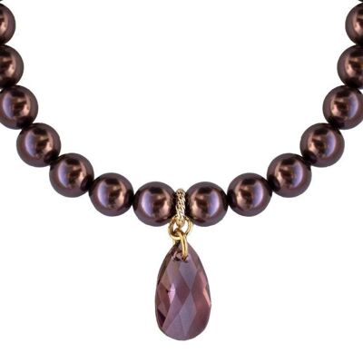 Classic necklace with crystal drops, 10mm pearls - gold - Burgundy