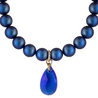 Classic necklace with crystal drops, 10mm pearls - gold - Irid Dark Blue