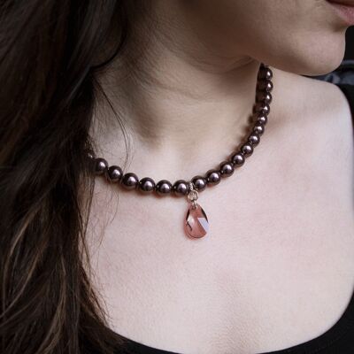 Collar clásico con gotas de cristal, perlas de 10 mm - oro - rosa polvo