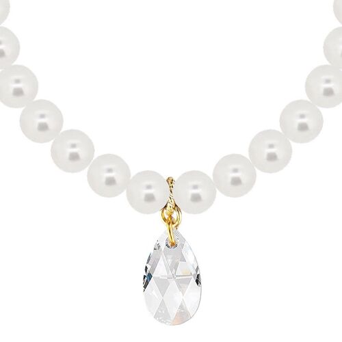 Classic necklace with crystal drops, 10mm pearls - gold - White