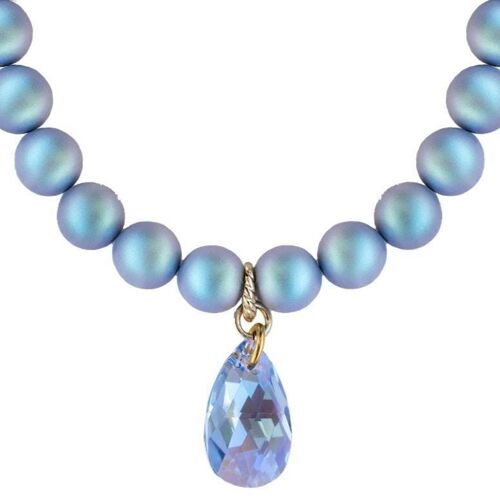 Classic necklace with crystal drops, 10mm pearls - silver - Irid Light Blue