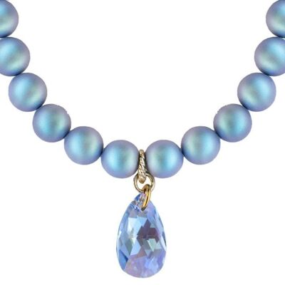 Classic necklace with crystal drops, 10mm pearls - silver - Irid Light Blue
