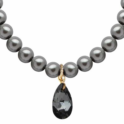 Klassische Halskette mit Kristalltropfen, 10 mm Perlen - Silber - Hellgrau