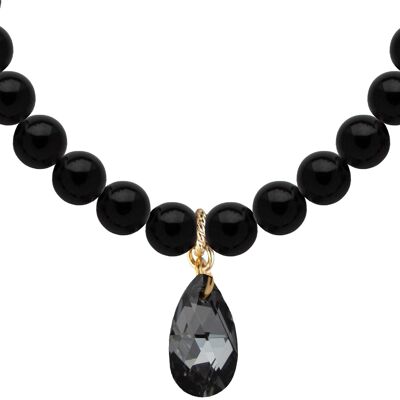 Classic necklace with crystal drops, 10mm pearls - silver - mystic black