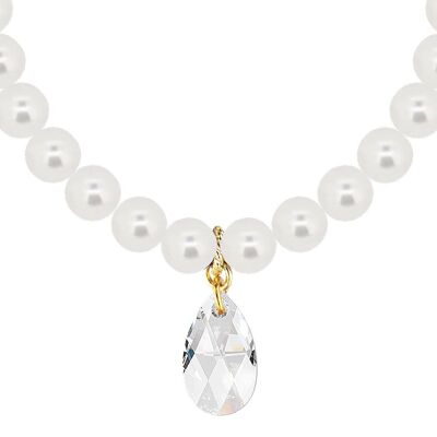 Classic necklace with crystal drops, 10mm pearls - silver - White
