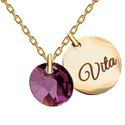 Necklace with personalized engraved word medallion - gold - amethyst